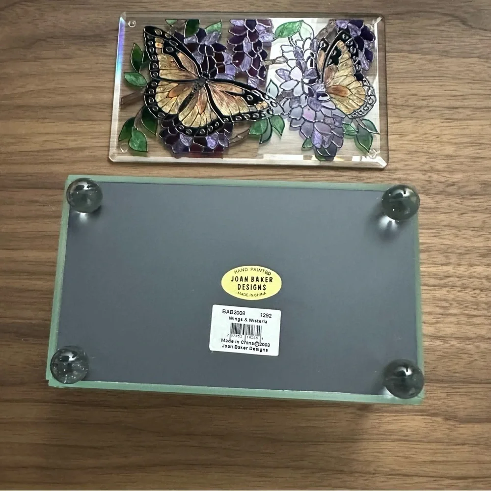 Joan Baker Designs Hand Painted Stained Glass Butterfly Jewelry Trinket Box NEW